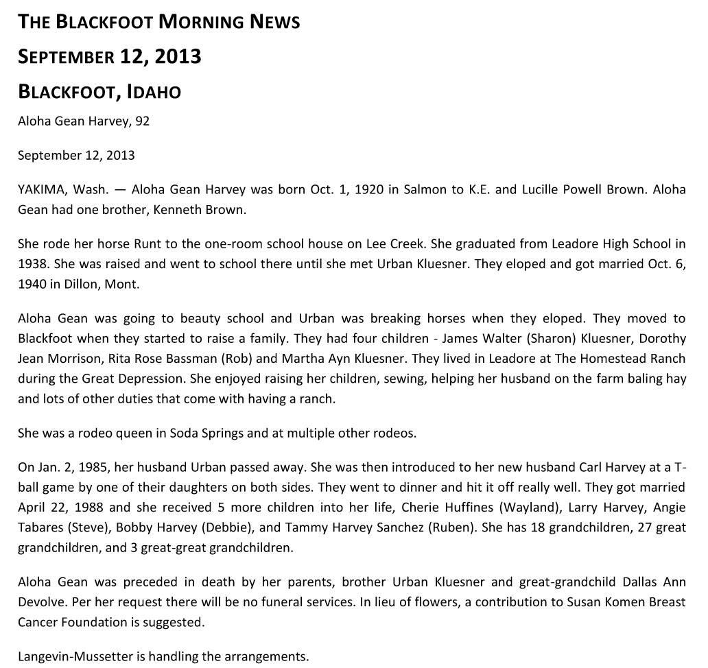 Aloha Gene Brown Kluesner Harvey
Obituary