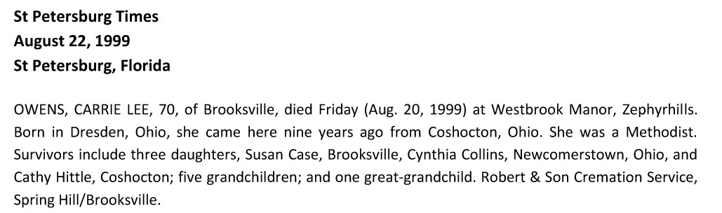 Carrie Lee Paige Owens
Obituary