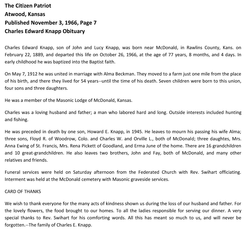 Charles Edward Knapp
Obituary