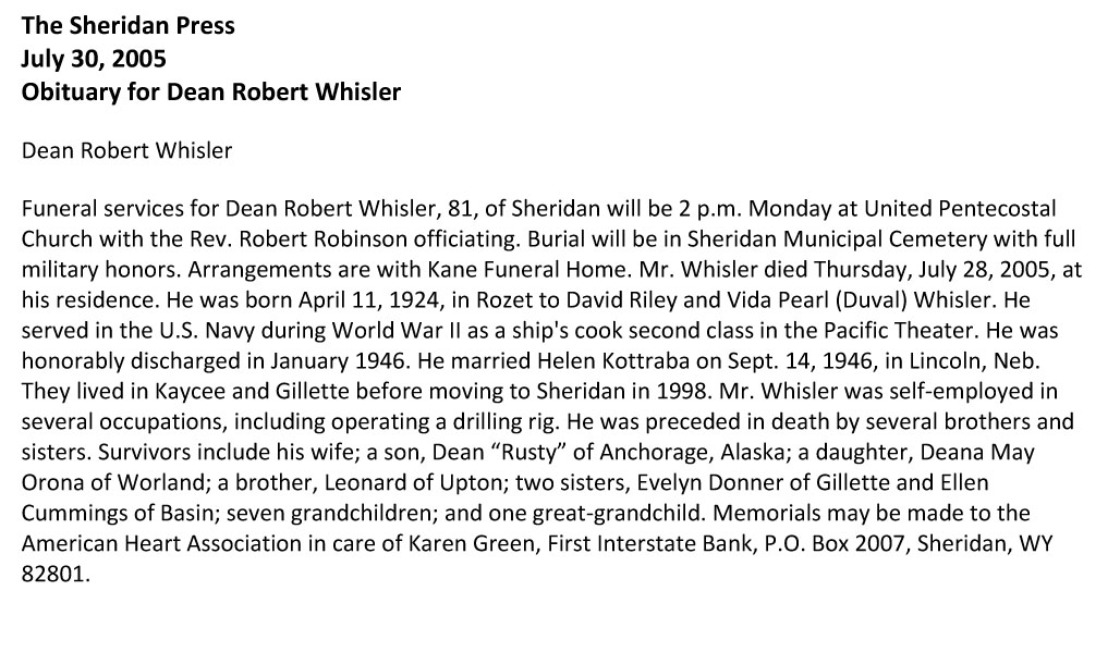 Dean Robert Whisler
Obituary