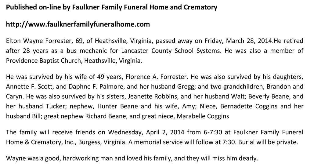 Elton Wayne Forrester
Obituary