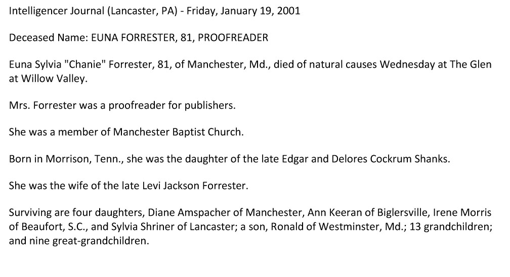 Euna Shanks Forrester
Obituary