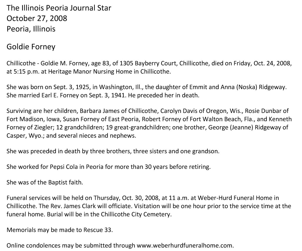 Goldie Ridgeway Forney
Obituary