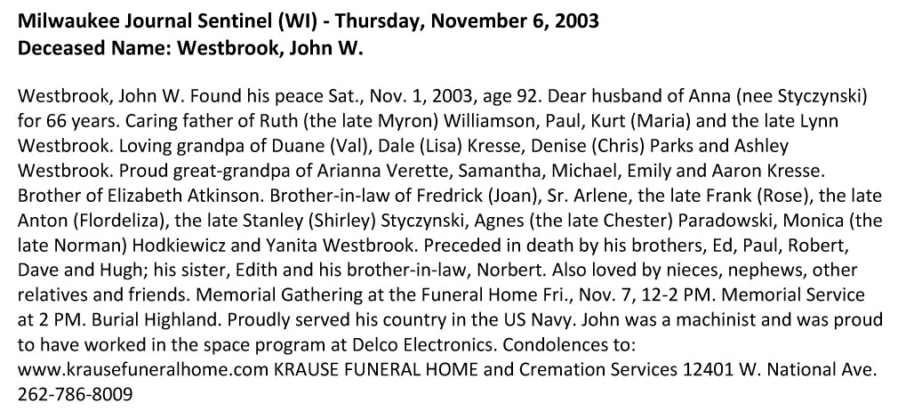 John W Westbrook
Obituary