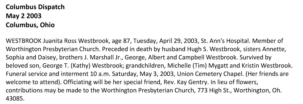 Juanita Ross Westbrook
Obituary