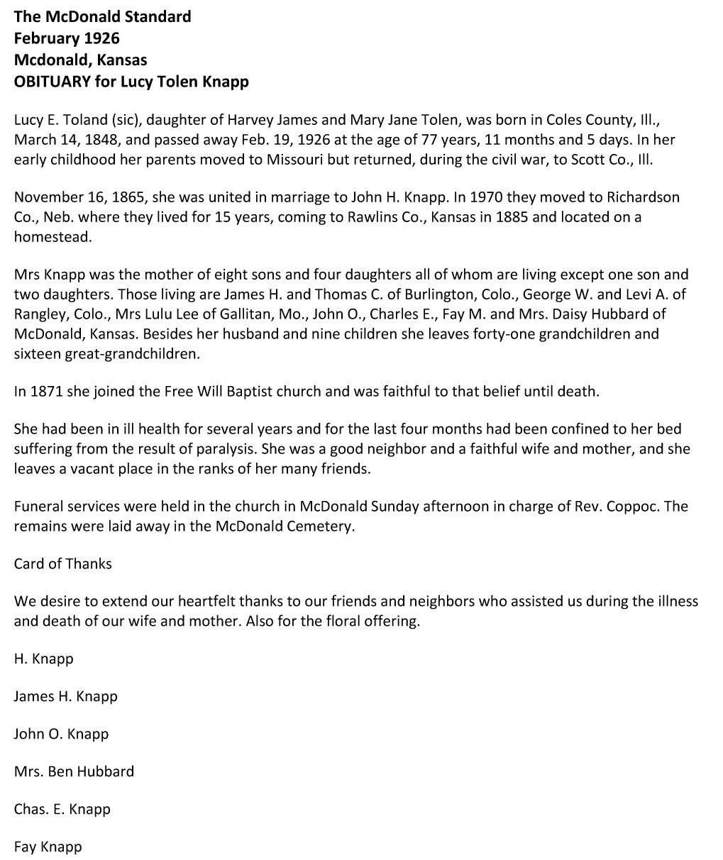 Lucy Emeline Tolen Knapp
Obituary