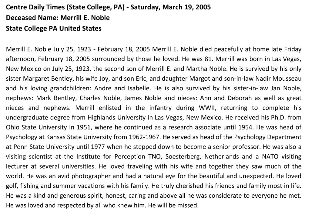 Merrill E Nobel
Obituary