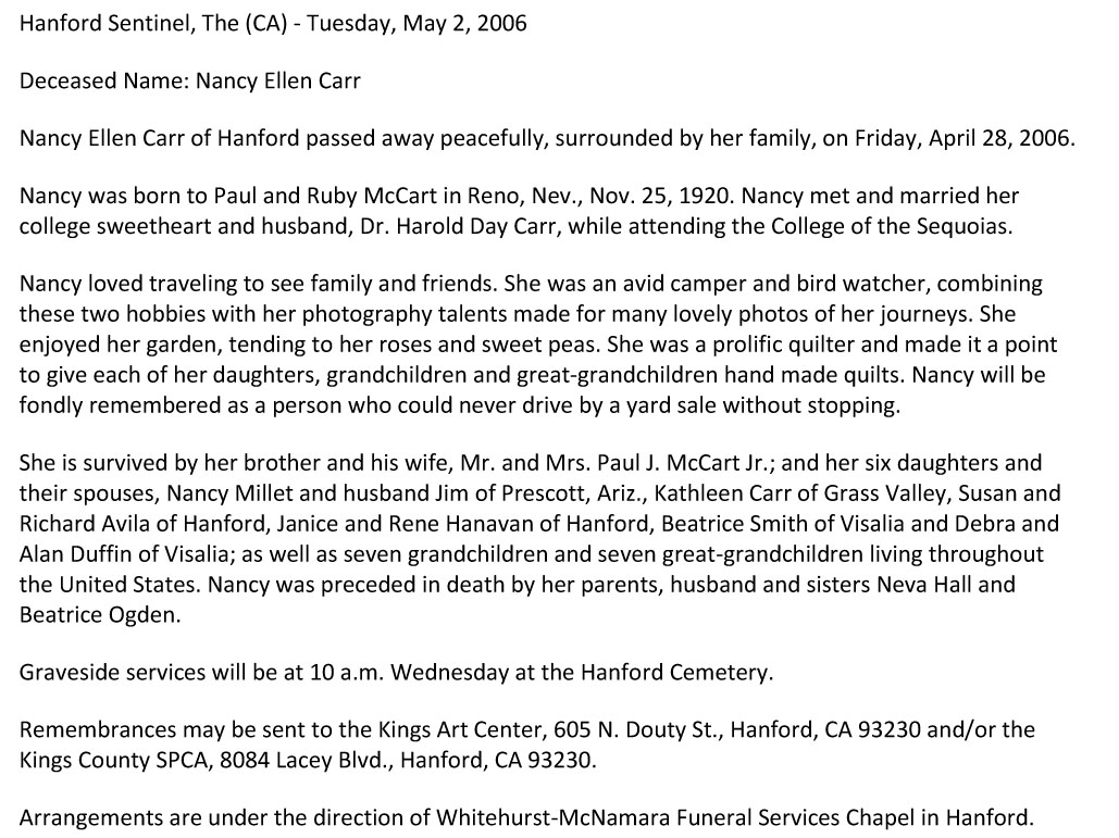 Nancy Ellen Carr
Obituary