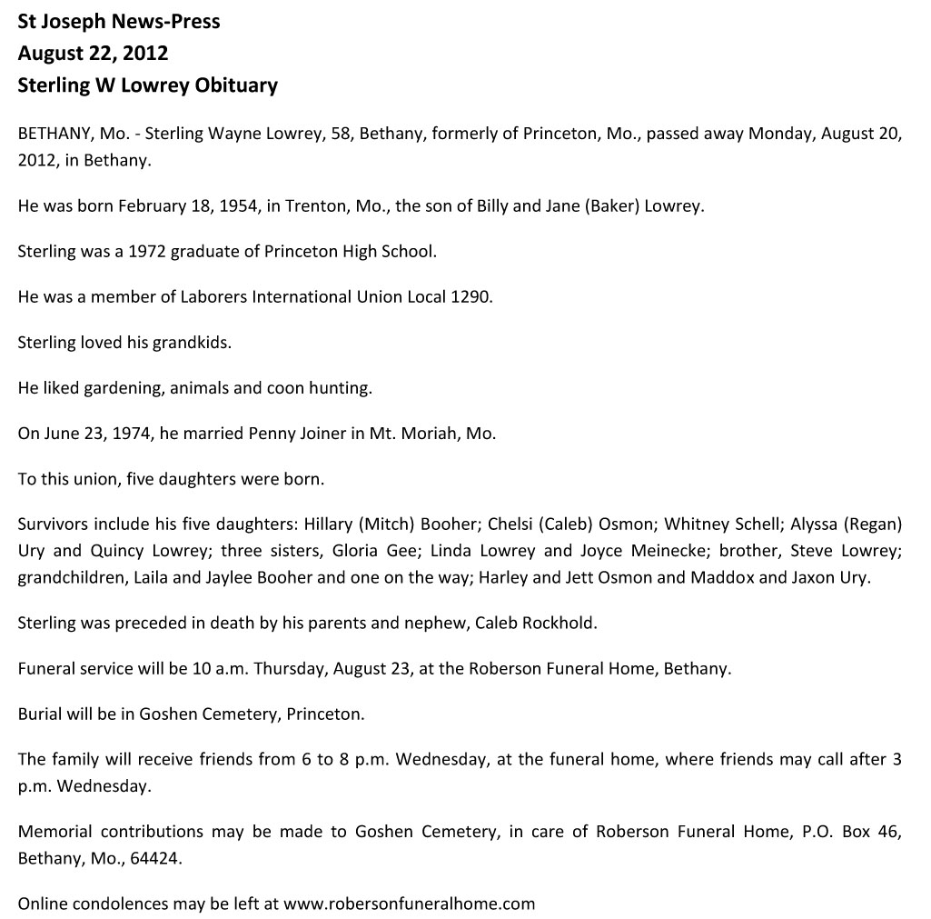 Sterling W Lowrey
Obituary