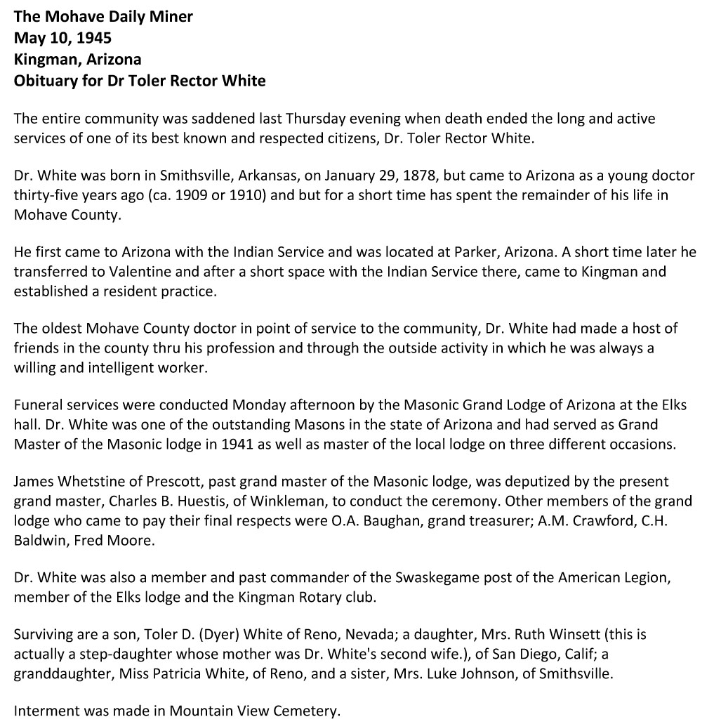 Dr. Toler Rector White
Obituary