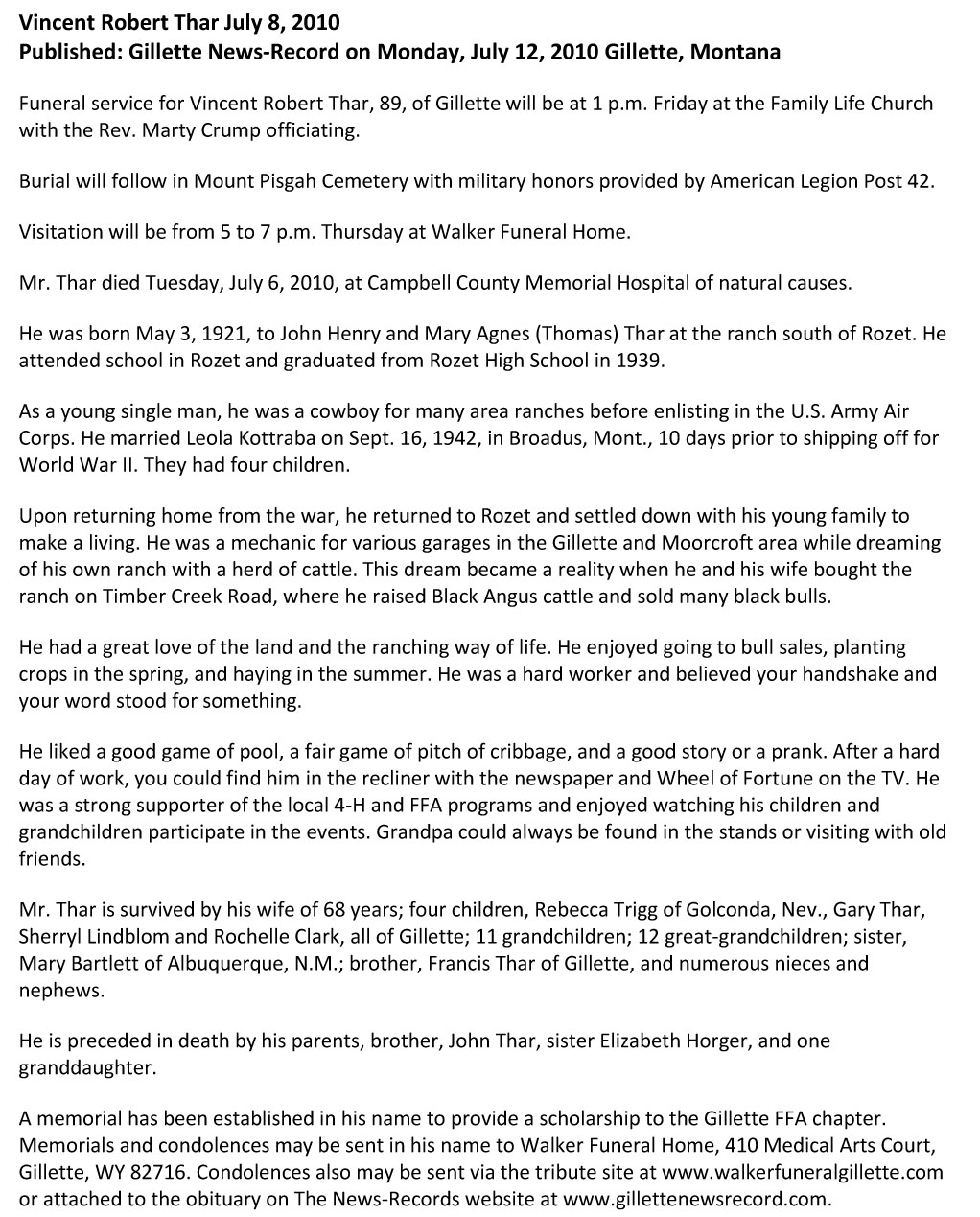 Vincent Robert Thar
Obituary