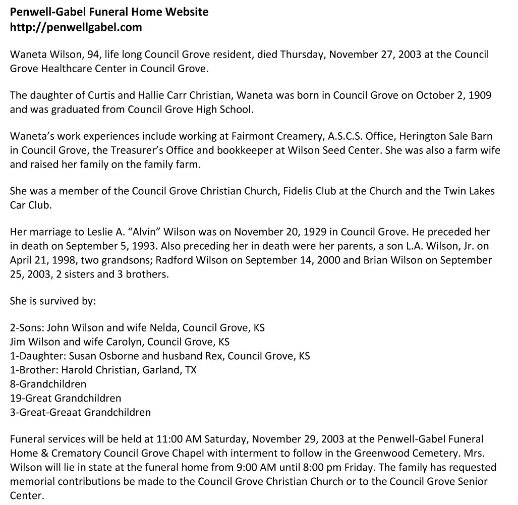 Waneta Christian Wilson
Obituary